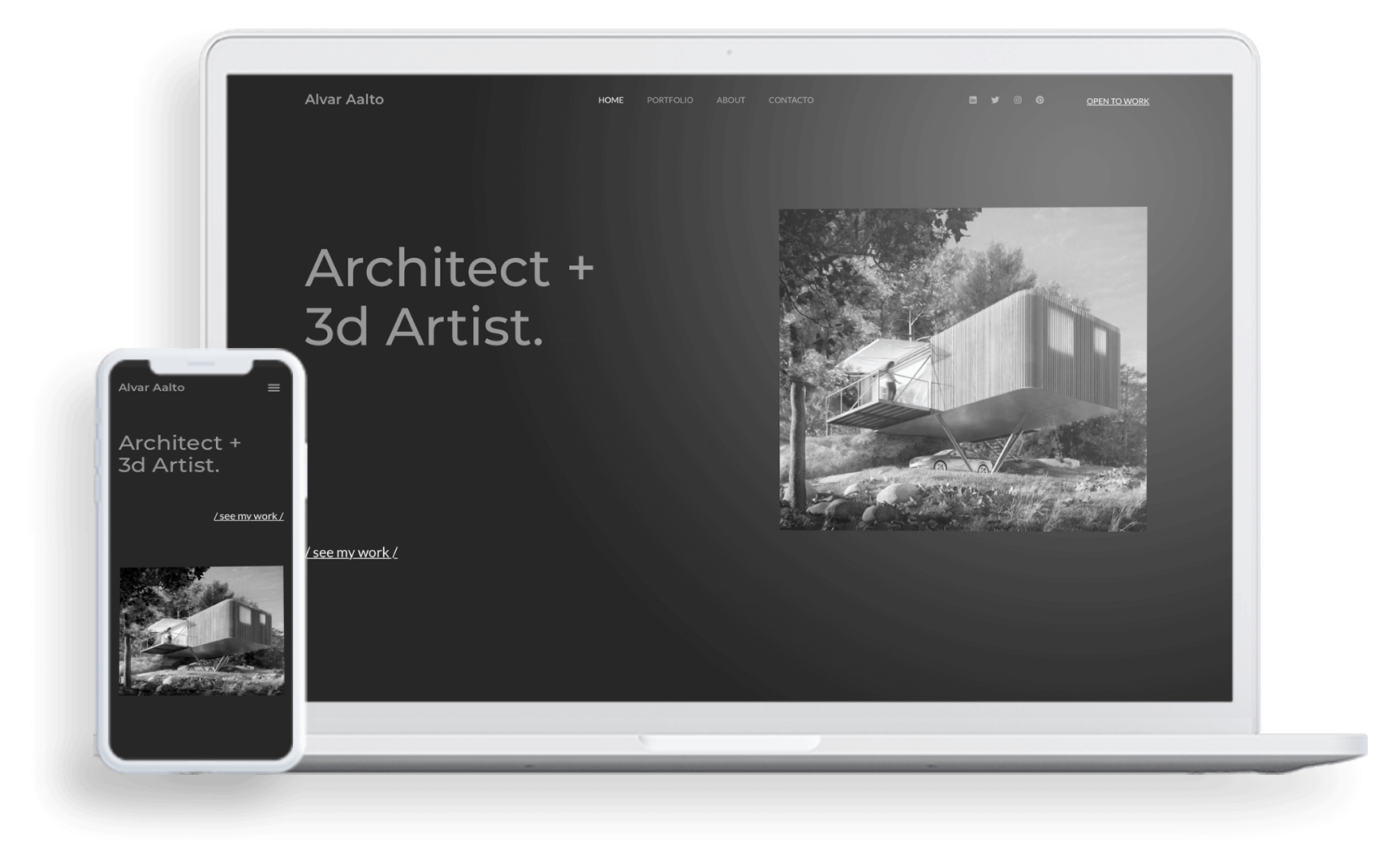 Pantalla de un ordenador y un movil, uno al lado del otro, donde se muestra la plantilla web  Alvar AAlto de un arquitecto junior con HiArchi