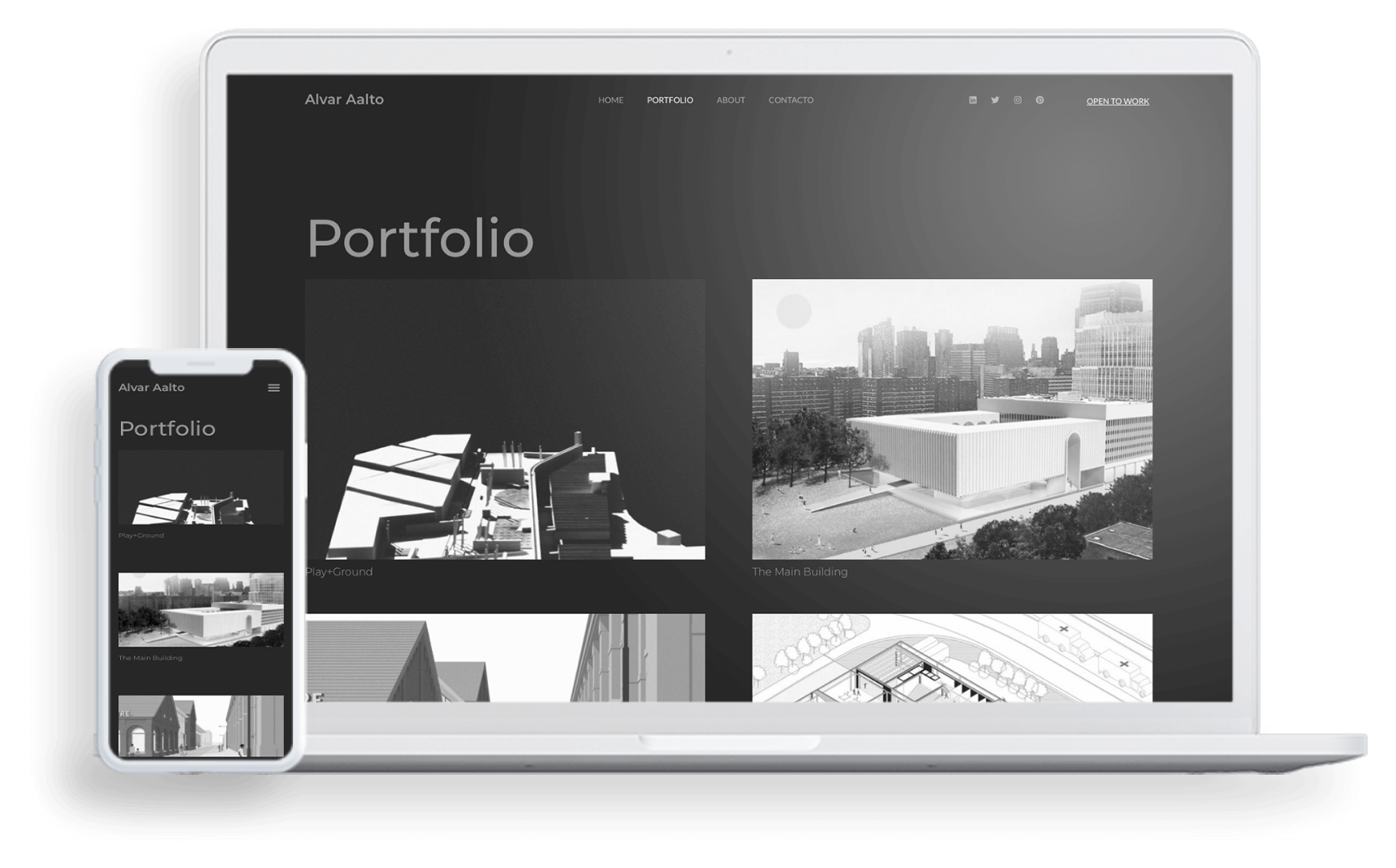 Pantalla de un ordenador y un movil, uno al lado del otro, donde se muestra la plantilla web  Alvar AAlto con el portfolio de un arquitecto junior hechas con HiArchi