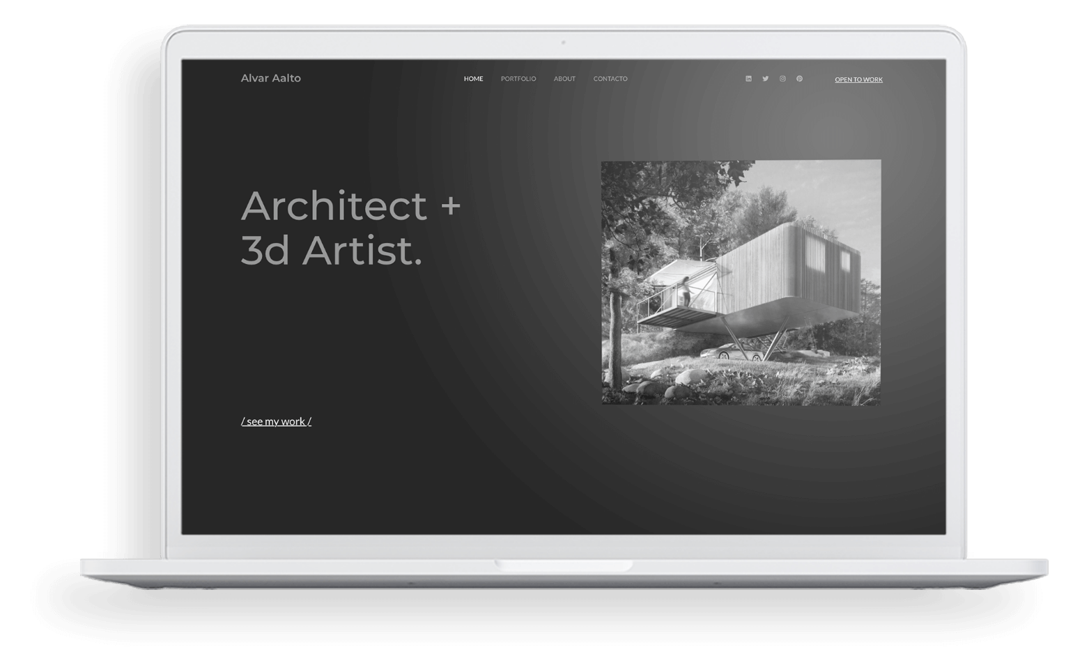 Pantalla de un ordenador donde se muestra la plantilla web Alvar Aalto de un arquitecto junior hecha con HiArchi