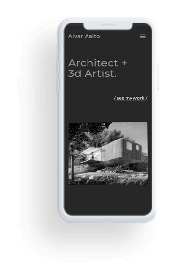 Pantalla de un movil donde se muestra la plantilla web Alvar Aalto de un arquitecto junior hecha con HiArchi