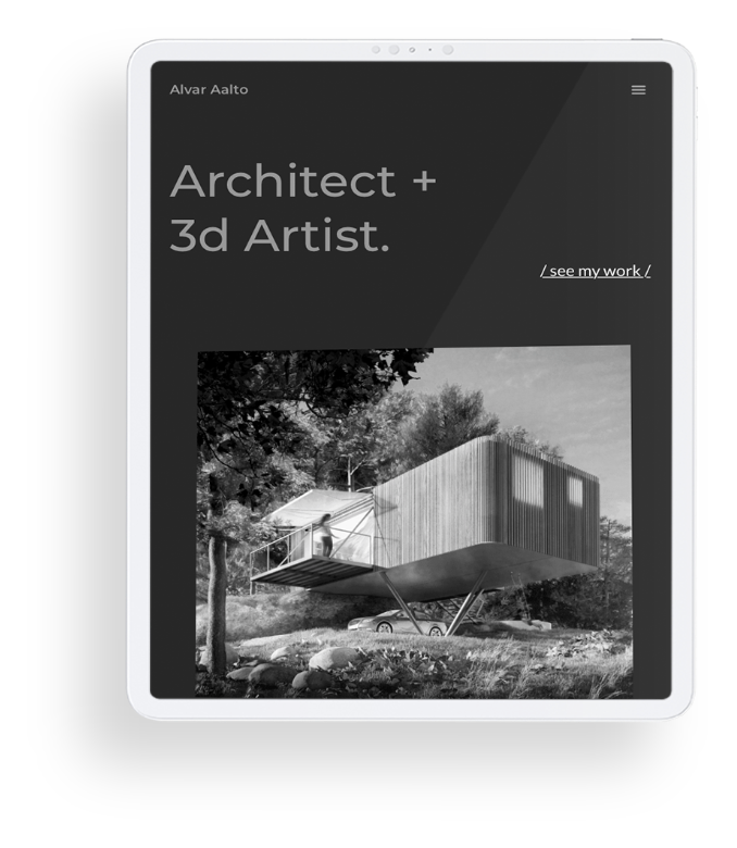 Pantalla de una tablet donde se muestra la plantilla web Alvar Aalto de un arquitecto junior hecha con HiArchi