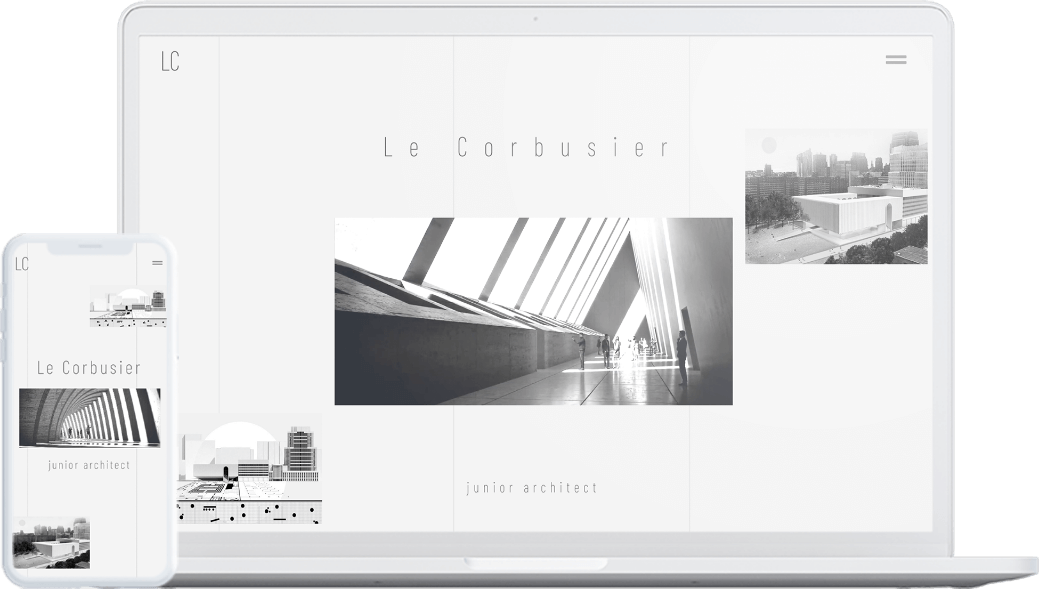 Pantalla de un ordenador y un movil, uno al lado del otro, donde se muestra la plantilla web LeCorbusier de un arquitecto junior con HiArchi