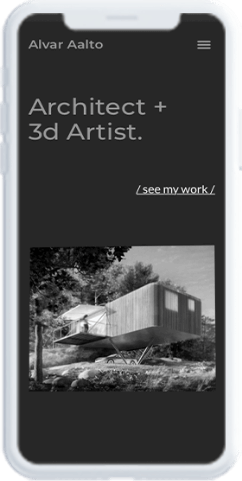 Pantalla de un movil donde se muestra la plantilla web Alvar Aalto de un arquitecto junior con HiArchi