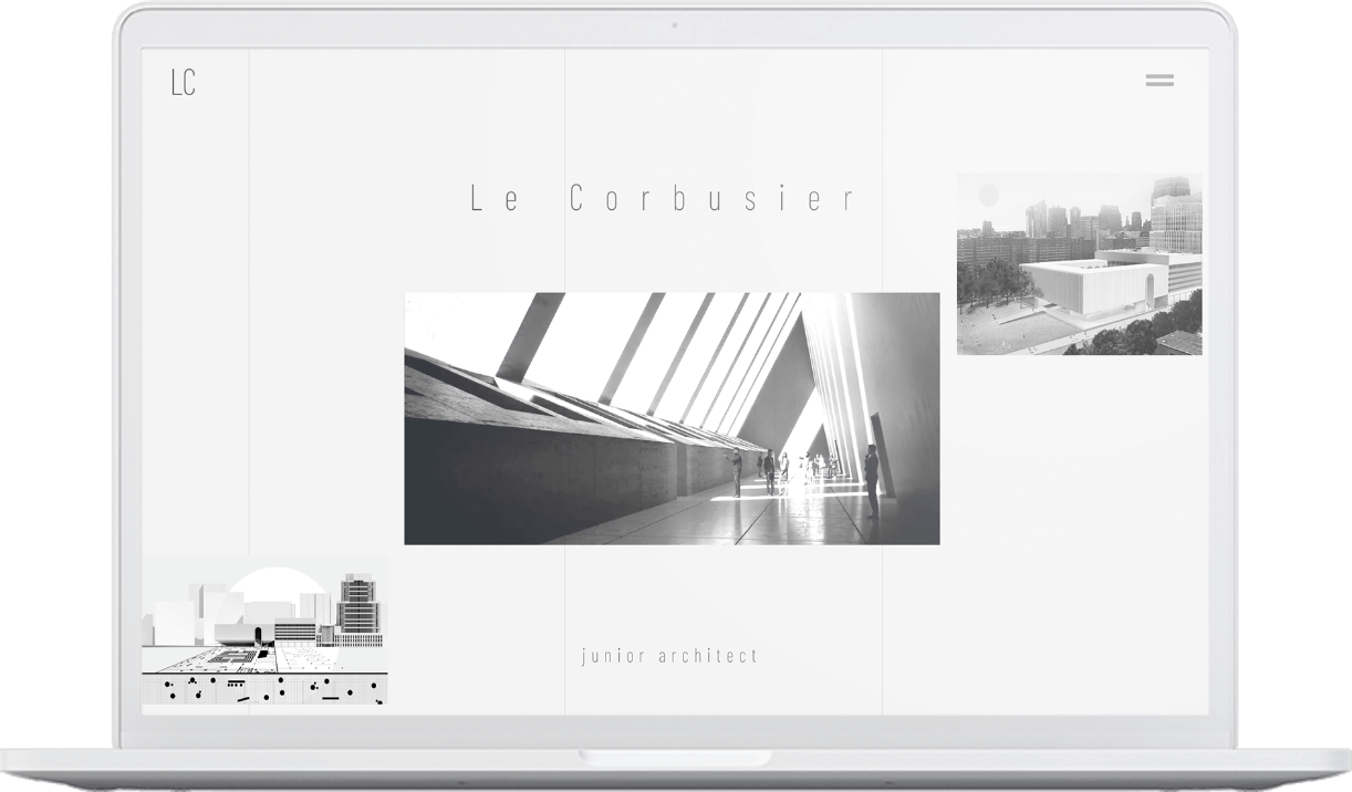 Pantalla de un ordenador donde se muestra la plantilla web Le Corbusier de un arquitecto junior con HiArchi