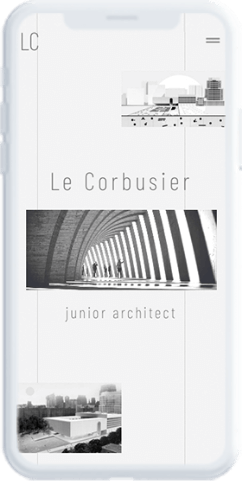 Pantalla de un movil donde se muestra la plantilla web Le Corbusier de un arquitecto junior con HiArch